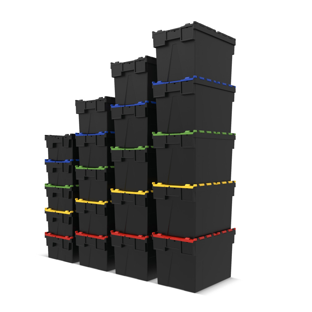 Número de imagen del producto 6: Contenedor apilable multiuso de regranulado de PP con tapa abatible, negro, 40 litros, 1 uds. / UV